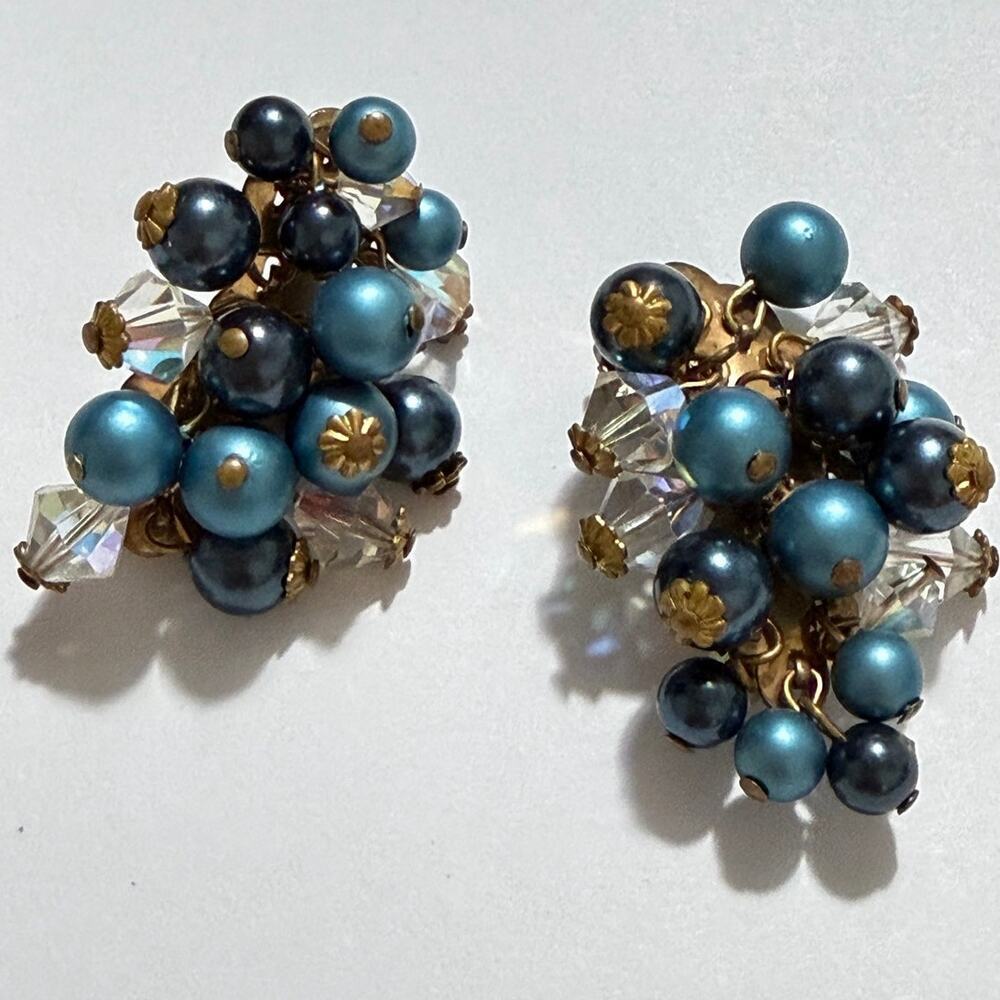 Vintage Blue Beaded Dangle Clip-On Earrings Aurora Crystal Accents
